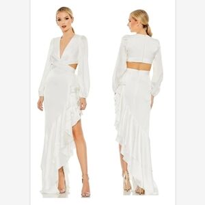 NWT Ieena for Mac Dugga lWhite Cut Out Asymmetrical Ruffled Gown SZ 8